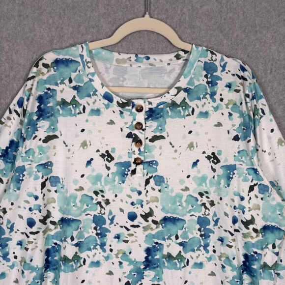 Abstract Watercolor Tunic Top 2X Blue Green Henley Thin Jersey Stretch Artsy - Picture 2 of 12